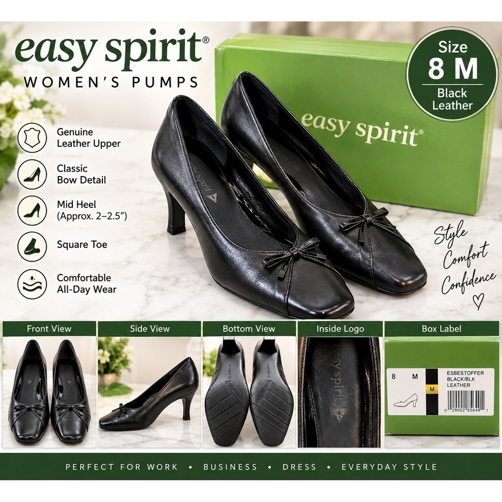 Easy Spirit ESBESTOFFER Womens Black Leather Bow Square Toe Pumps Mid Heel 8 M